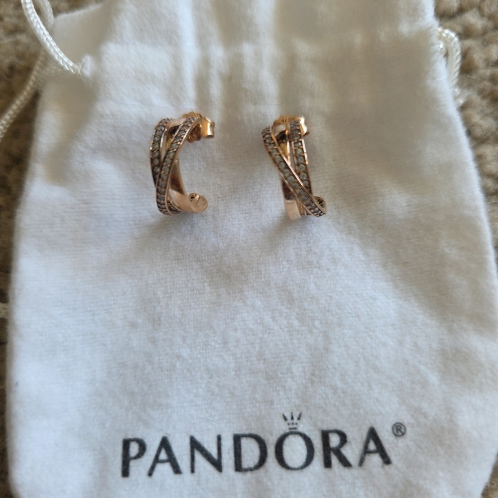 100% Authentic PANDORA 925 Rose Gold Sparkling Crossover CZ Pavé Hoop Earrings